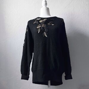 Vintage Sweater Black Wool Angora Large Beaded Sequin Gold Dolman Sleeve 80s